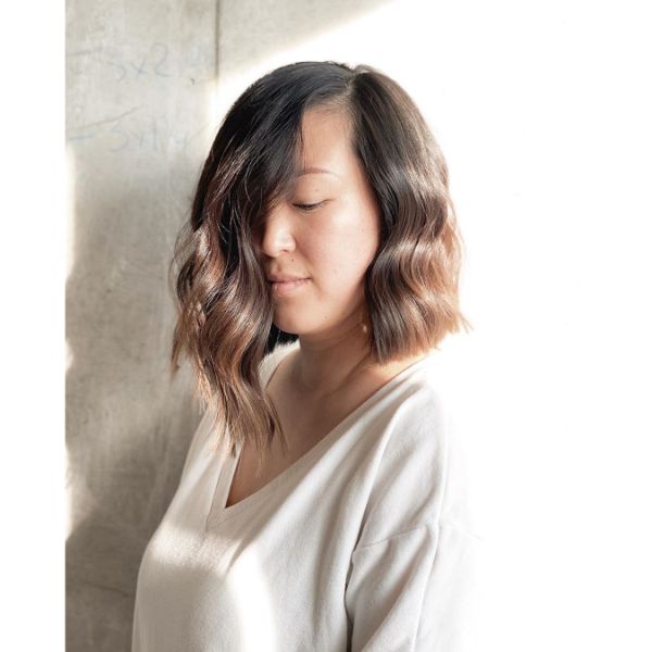 Asymmetrical Angled Wavy Long Bob with subtle Ombre