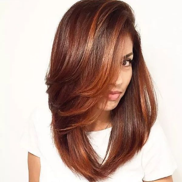 Brown with Chocolate Highlights for Lob with Extra Long Bangs and Side Part