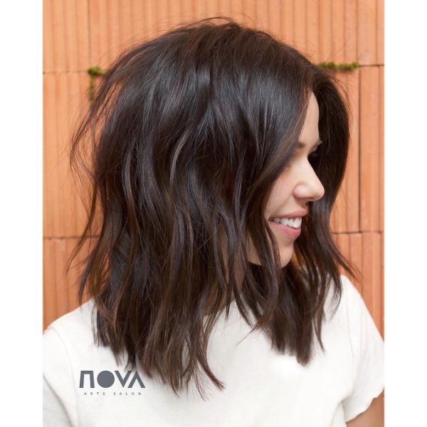 Chestnut Colored Chunky Long Bob with Long Bangs