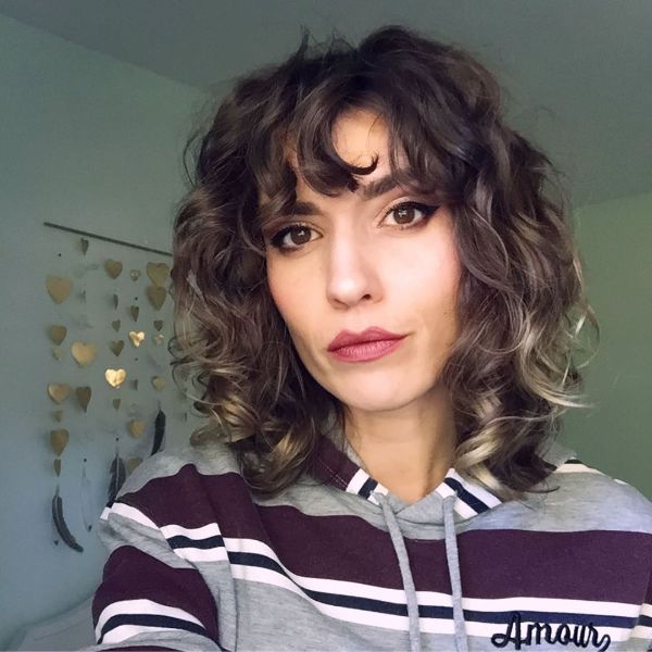 Curled Up Long Bob Blonde Balayge with Curly Bangs for Brown Hair