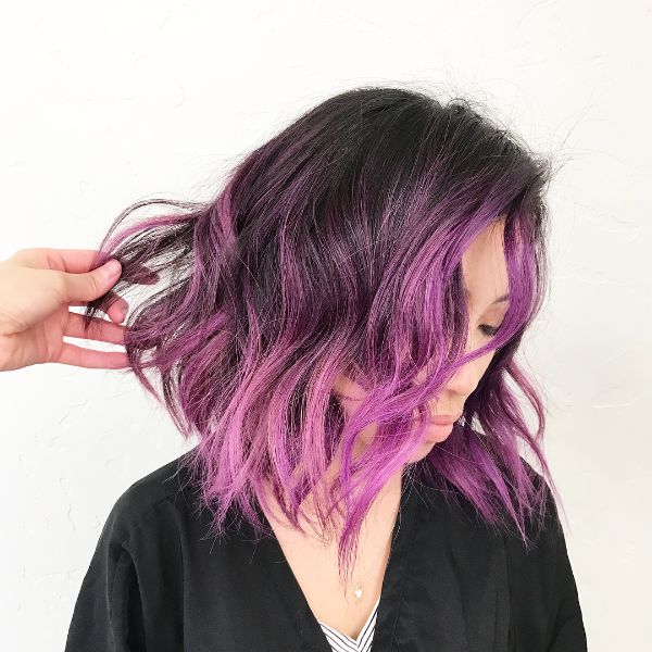 Lavender Balayage Long Bob with Side Part for Wavy Hair