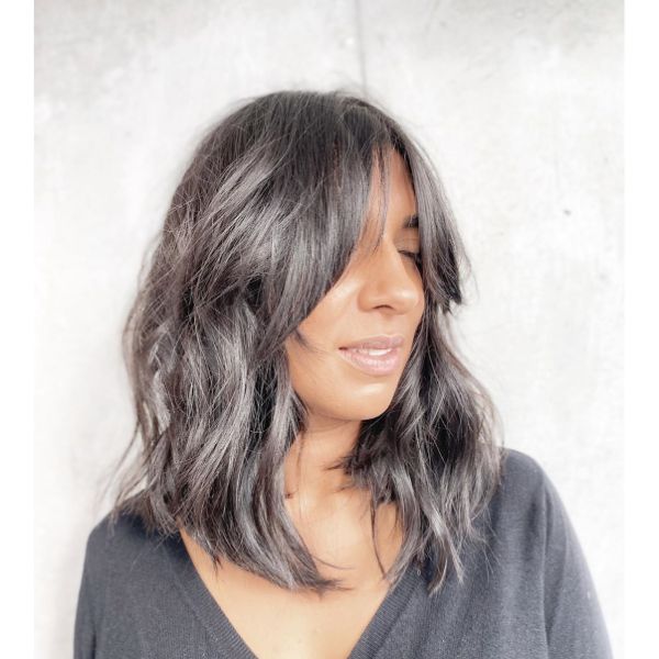 Lived In Dark Brunette Wavy Long Bob with Bangs