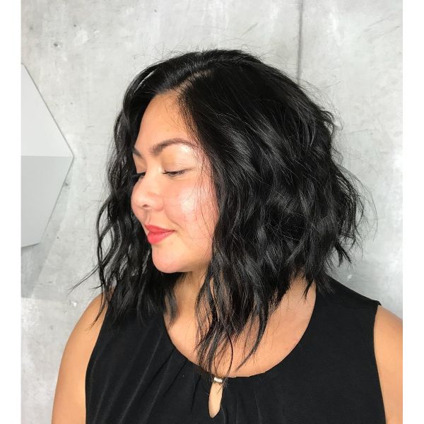 Messy Wavy Dark Brunette Long Bob with thin Curls Hairstyle