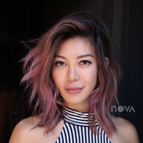 Pink Balayage with Side Part Lob Cut for Wavy Hair