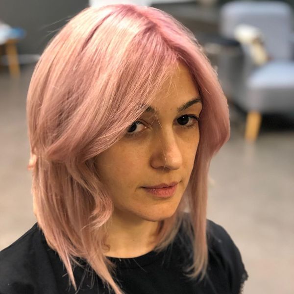 Pink Blonde Lob with Face-framing Bangs Hairstyle