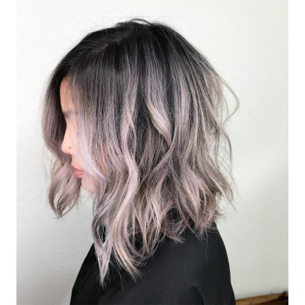 Playful Wavy Long Bob with Delicate Fringe for  Pink Blonde Balayage