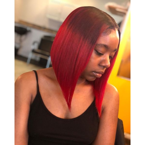 Red Colored Straight Long Bob Hairstyle