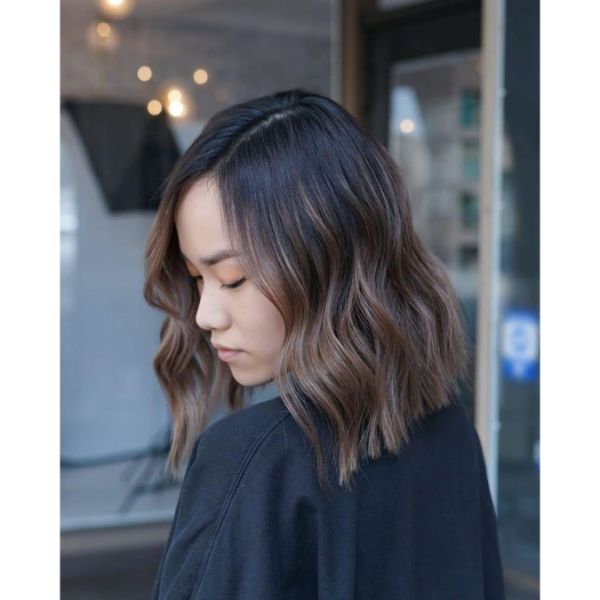 Side Parted Brown Balayage for Wavy Long Bob