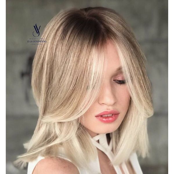 Silky Blonde Long Bob with Parted Bangs Haircut