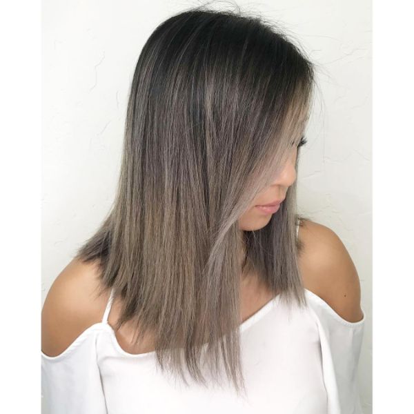Silver Gray Balayage Lob with Subtle Side Bangs Hairstyle