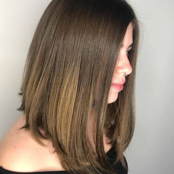 Straight Brown Lob Cut with subtle Blonde Hues - Long Bob Haircuts