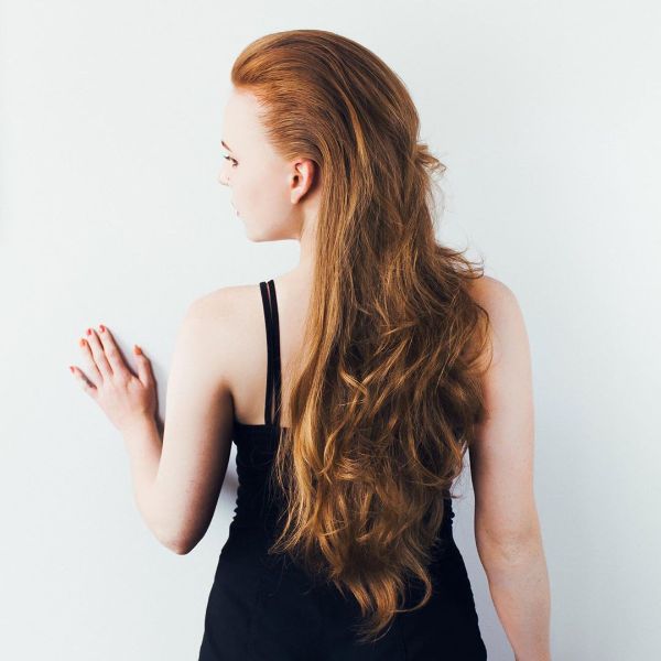 Swept-Back Ginger Red Hair with Long Wavy Layers