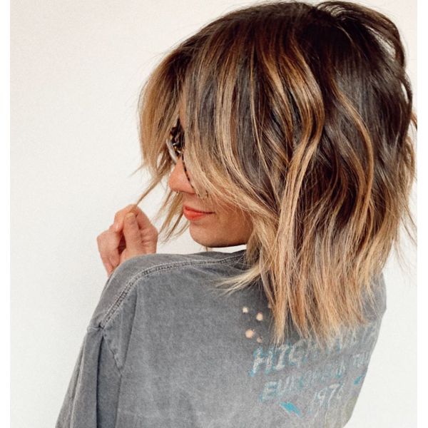 Textured Ombre Long Bob Haircut with Side Swept Bangs