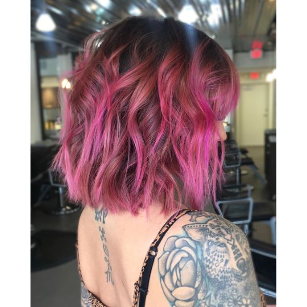 Wavy Lavender Pink Balayage for Long Bob Haircut with Straight Bangs