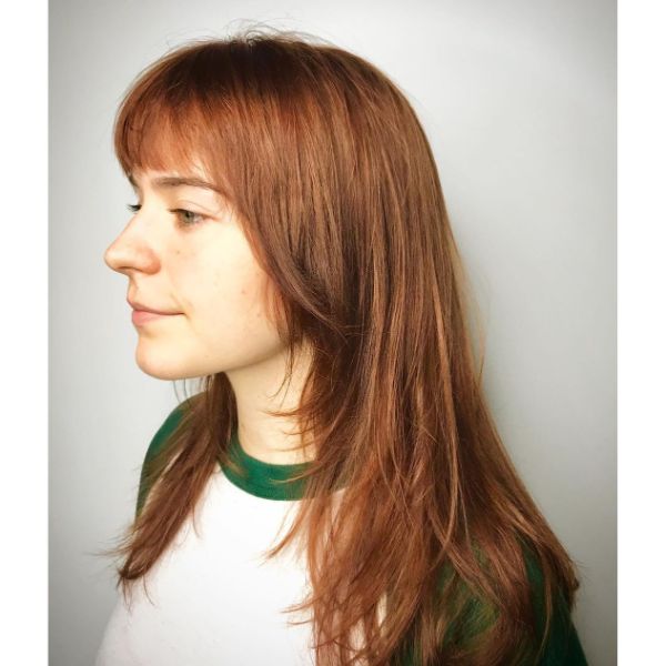 Cinnamon Red Long Layered Hairstyle with Straight Bangs