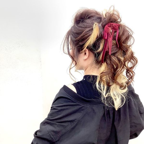 Curly Messy Updo with Ponytail and Colorful Hair Accessories