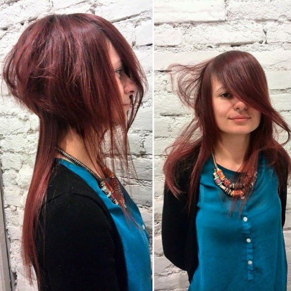 Disconnected Layered Hairstyle with Messy and Long Bangs for Red Hair