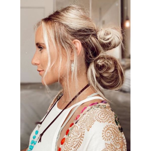Easy Messy Double Buns for Long Blonde Hair