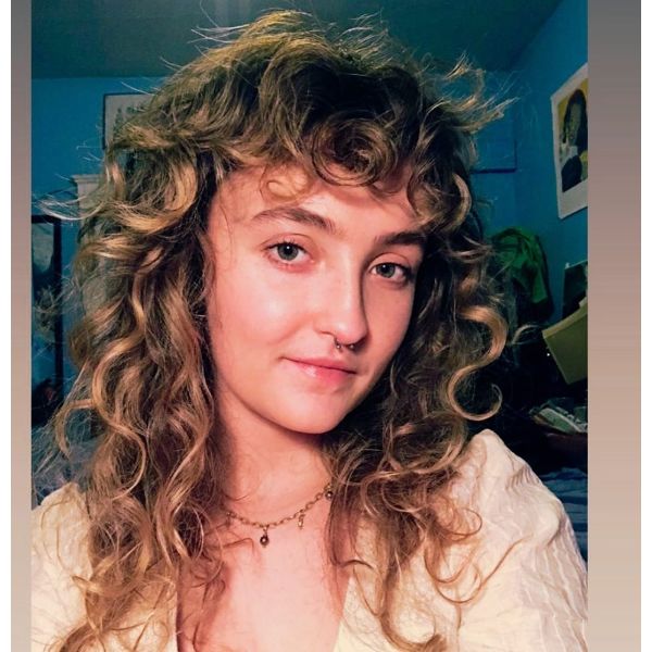 Extra Curly Long Shag Hairstyle with Curly Bangs for Balayage