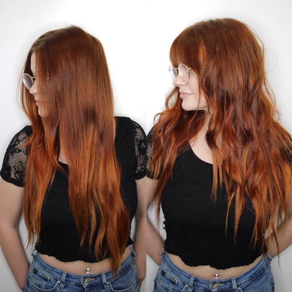 Extra Long Shag Haircut for Red Hair with Face Framing Bangs