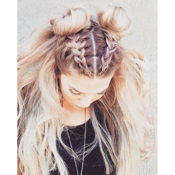 Feed-in Braids with Space Buns for Messy Blonde Hair