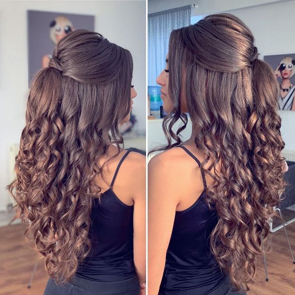 Half Up Half Down Hairstyle for Curly Chocolate Brown Layered Hair with Bangs