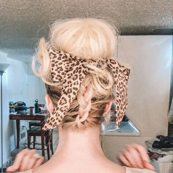 High Messy Bun with Back Feed-in Braid and Headscarf