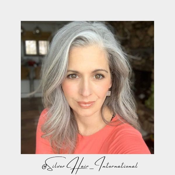 Long Layered Silver Hairstyle with Long Bangs