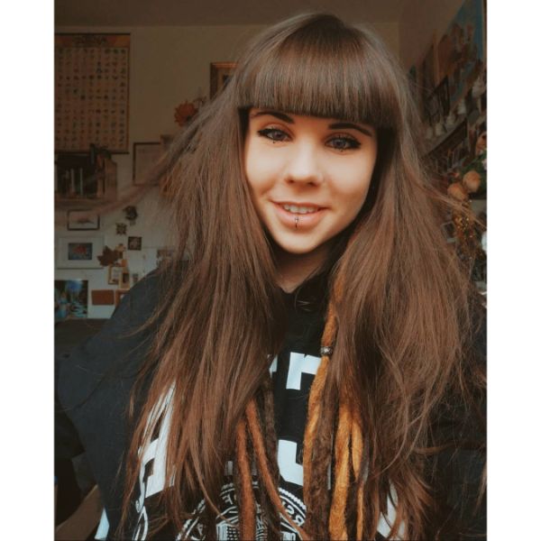 Long Shaggy Straight Brunette Hair with Heavy Bangs