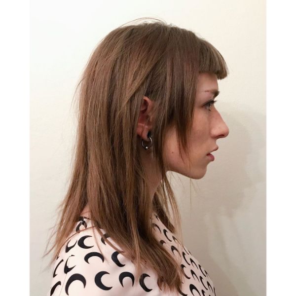 Long Straightened Layered Haircut with Straight Short Bangs