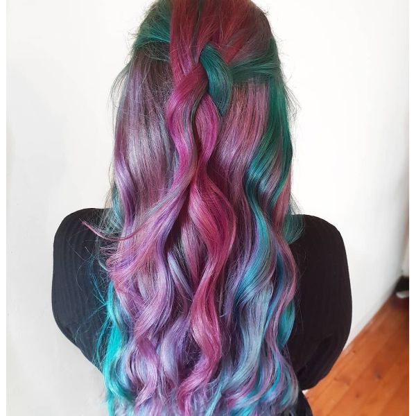Loose Back Braid for Rainbow Colored Long Layered Hair