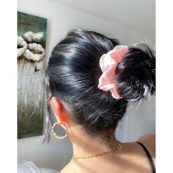Messy Updo with Back Bun and Satin Scrunchies for Dark Hair
