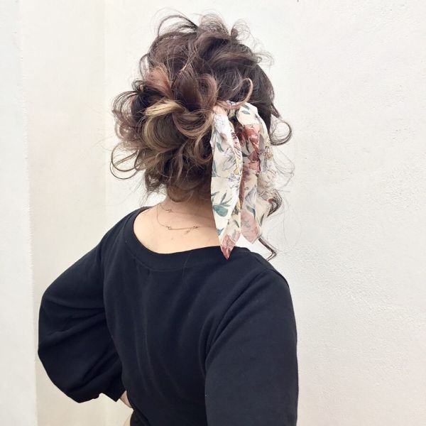 Messy Updo with Head Scarf and Curls