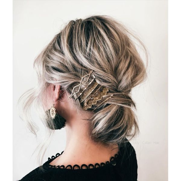 Messy Updo with Low Twisted Bun and Hair Jewelry