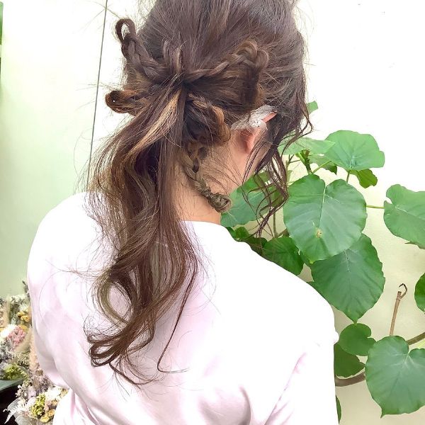 Nape Ponytail with Braided Ribbon in Messy Creative Updo