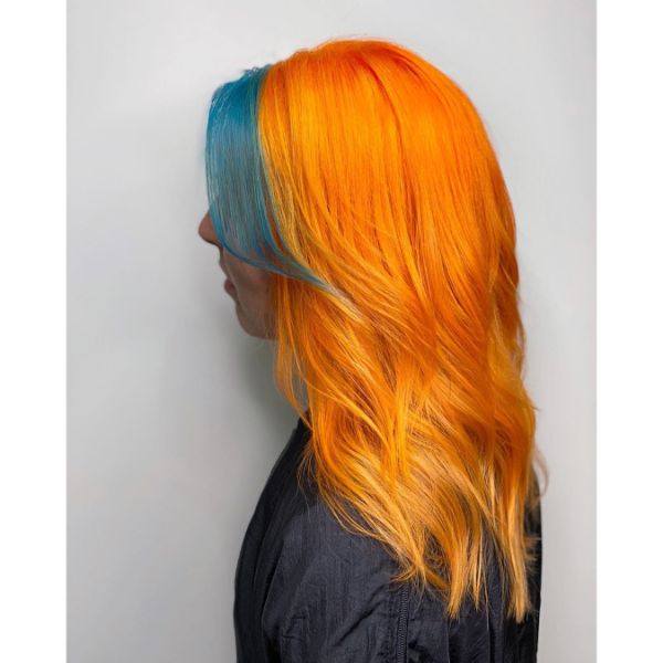 Orange Long Layered Hairstyle with Long Winged Teal Bangs