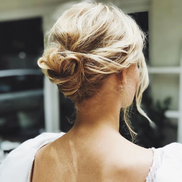 Simple Messy Updo with Small Chignon for Blonde Long Hair