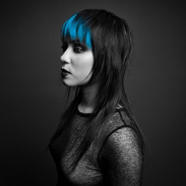 Straight Long Layered Dark Hair with Electric Blue Colored Bangs 