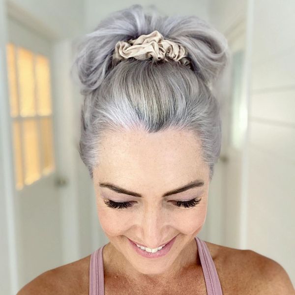 Top Knot with Scrunchies for Silver Long Hair - long hairstyles for older women