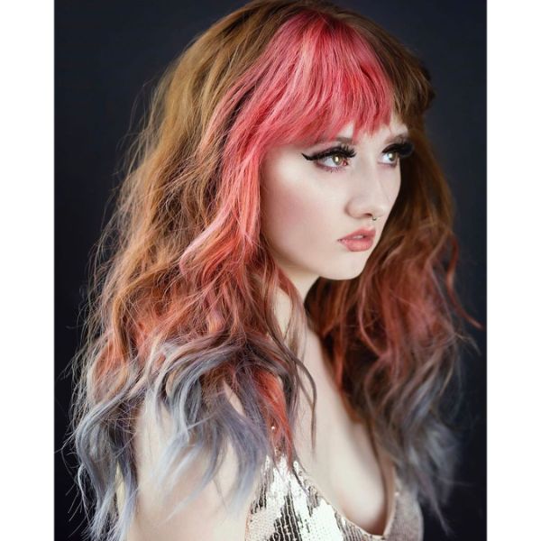 Wavy Multi-Colored Long Layered Hairstyle with Thick Bangs