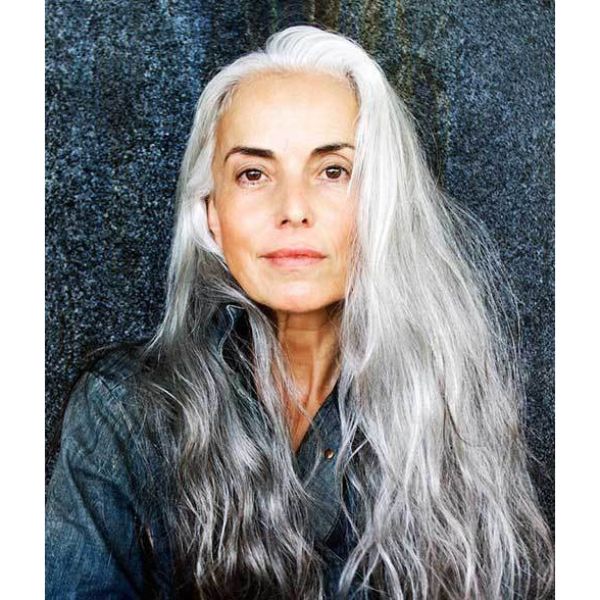 Wavy Natural Long Silver Hair with Side Part - long hairstyles for older women