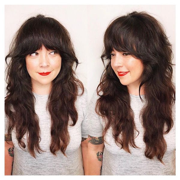 Wavy Shag with Long Brunette Layers and Winged Bangs