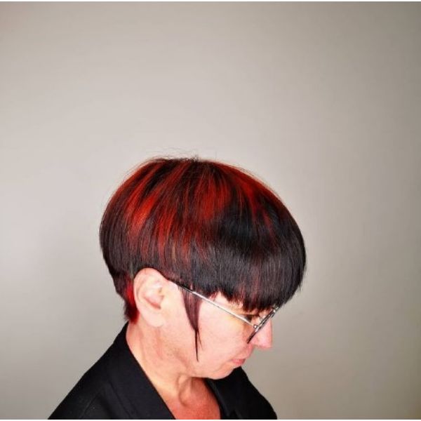 Dark Red Bowl-Cut With Long Sideburns Hairstyles For Women Over 60