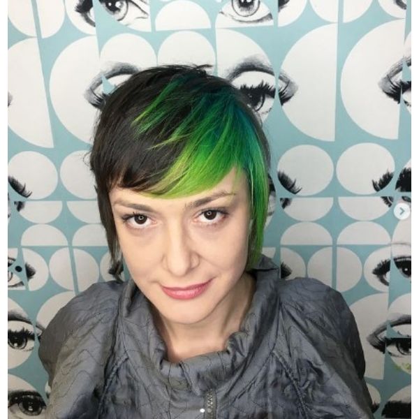 Neon Green Rounded Bangs For Medium Bob Hairstyle