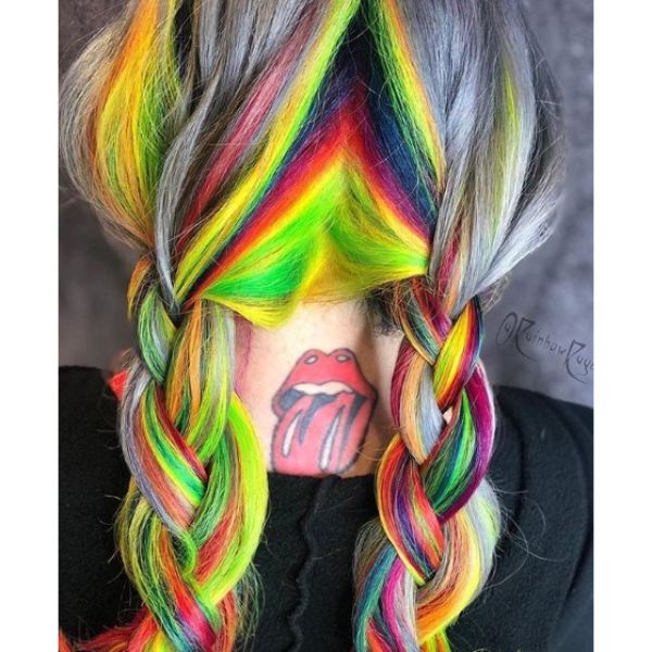Rainbow Colored Back Braids Updo for Medium Length Hair