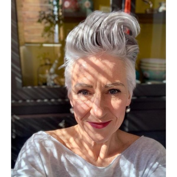 Textured Silver Fox Pompadour Hairstyles For Women Over 60
