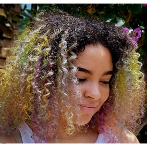  Afro Mid Length Hairstyle with Pastel Highlights