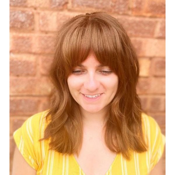  Cool Copper Brown Mid Length Hairstyle with Straight Bangs