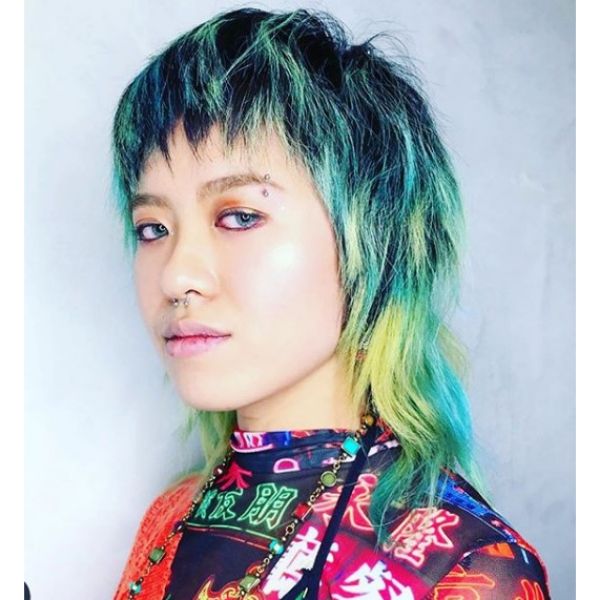 Dark Strands with Green Highlights Mullet Hairstyle
