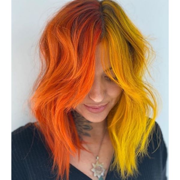 Half Orange Half Yellow Mid Length Hairstyle with Soft Waves